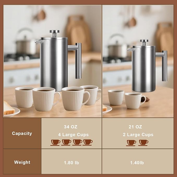 French Press 34 oz, Full Stainless Steel French Press Coffee Maker 4 Cups | Upgraded Double-Walled Insulated French Coffee Presses, Food Grade Good for Kitchen Camping, Dishwasher Safe 2 More Filters