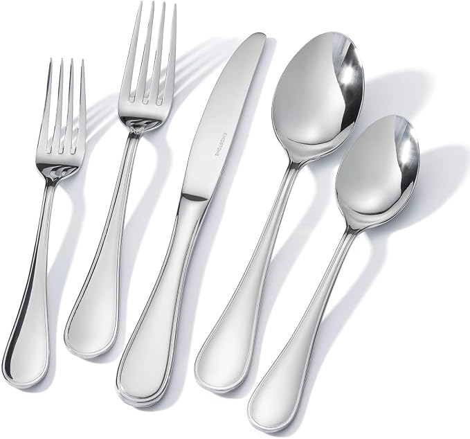 18/10 Stainless Steel Silverware Set for 12, 60 Piece Teardrop Flatware Set | KINGSTONE Heavy Cutlery Set, Mirror Polished Knives Forks and Spoons Utensils, Dishwasher Safe for Home Kitchen Wedding