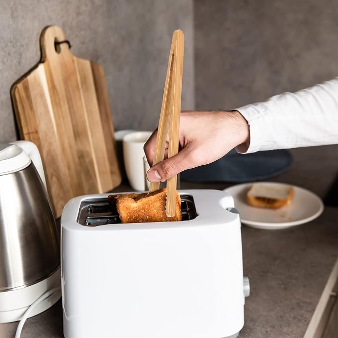 Zopeal 9 Pcs Bamboo Utensils for Cooking Wooden Toaster Tongs Long Cooking Salad Tongs for Picking up Cheese Bacon Toast Cake Fruits Bread Spaghetti for Kitchen Women Men
