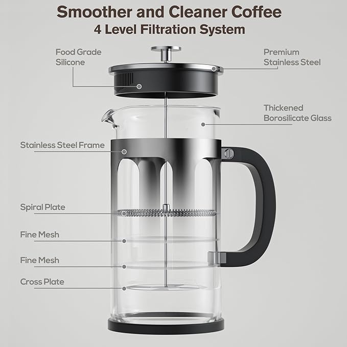 French Press Coffee Maker 34oz, Heat Resistant Thickened Glass Stainless Steel Brewer, Easy to Clean, 4-Level Filtration, Cold Brew Cafe/Tea Pot for Kitchen Camping Travel, Gifts, Bar