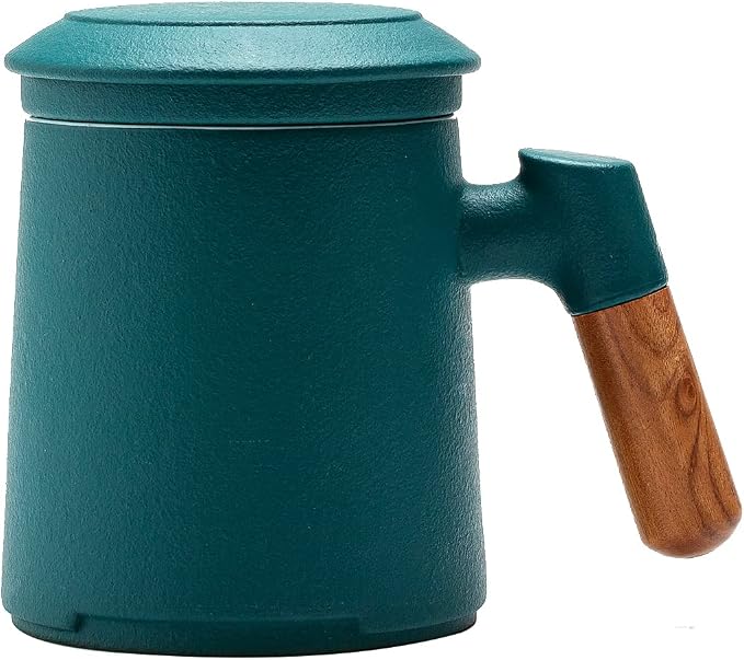 ZENS Tea Cup with Infuser and Lid for Loose Leaf Tea Steeper, 12oz Green | Embossed Ceramic Tea Infuser Mug with Fine Strainer for Herbal Tea Lovers Gifts, Vintage Wood Handle