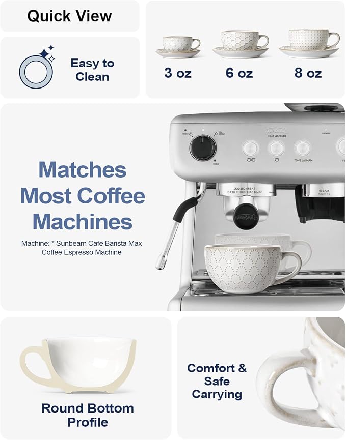 LE TAUCI 6 oz Cappuccino Cups with Saucers, Ceramic Espresso Coffee Cup Set of 4, for Latte, Cafe Au Lait, Flat White, Tea, Dishwasher & Microwave Safe, Housewarming Gift, Embossed, White