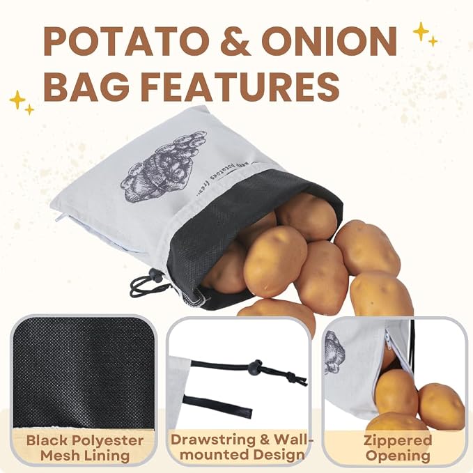 Potato Onion Garlic Storage Bag, Reusable Potato Onion and Storage Bag for Pantry, Vegetable Storage Bags with Drawstring Closure, 3 Packs (Potato Onion Garlic Bag)