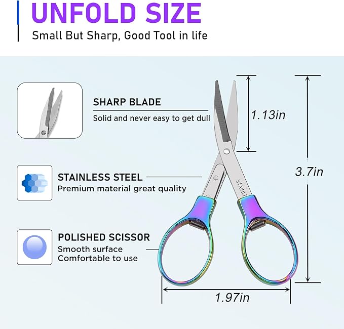 2Pcs Rainbow Folding Scissors,Portable Stainless Steel Telescopic Cutter, Safety Foldable Pocket Badge Small Scissors for Home, Office, Craft, Sewing, Nurse Accessories, Travel