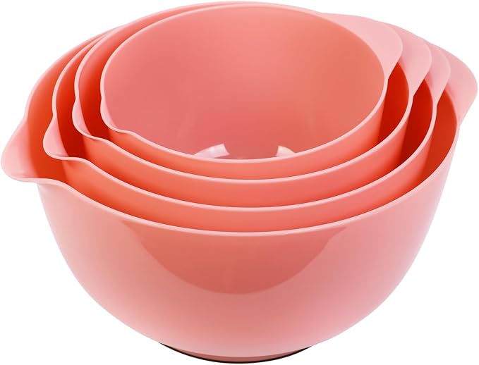 BoxedHome Classic Mixing Bowls Set of 4, BPA Free Plastic, Microwave Safe | 4.5, 3.5, 2.5 and 1.7 qt, Non-slip Base Large Non-toxic Nesting Bowl with Pour Spout, Dishwasher Safe, for Prep, Cooking