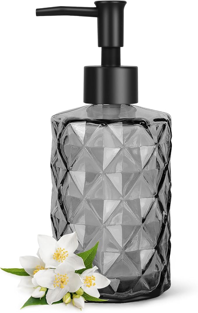 Topsky Glass Soap Dispenser with Plastic Pump, 330ml Liquid Hand Soap Dispenser, Rustproof Pump for Kitchen & Bathroom, Great for Lotions, Essential Oil, Liquid Soaps Clear Black