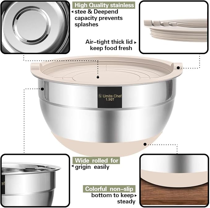 Umite Chef Mixing Bowls with Airtight Lids, 6 piece Stainless Steel Metal Nesting Storage Bowls, Non-Slip Bottoms Size 7, 3.5, 2.5, 2.0,1.5, 1QT, Great for Mixing & Serving (Khaki)