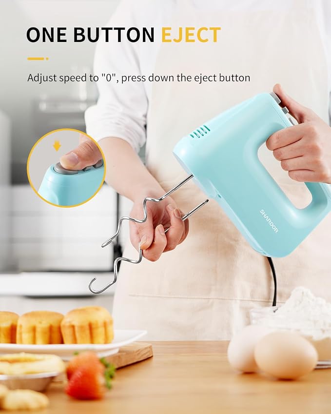 SHARDOR Hand Mixer Electric, 6 Speed & Turbo Mixer Electric Handheld, Snap-On Storage Case,5 Stainless Steel Accessories for Whipping, Mixing Cookies, Brownie, Cakes, Dough Batters (Blue)