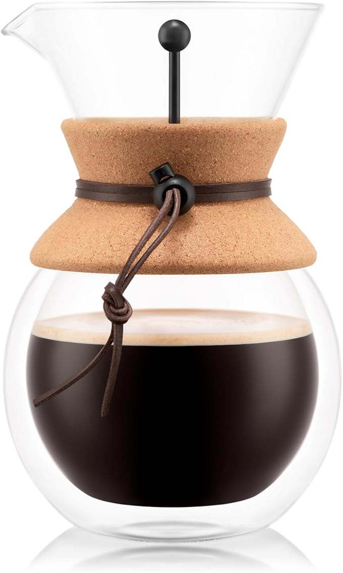 Bodum 34oz Pour Over Coffee Maker, High-Heat Borosilicate Glass with Reusable Stainless Steel Filter and Double Wall Cork Grip - Made in Portugal