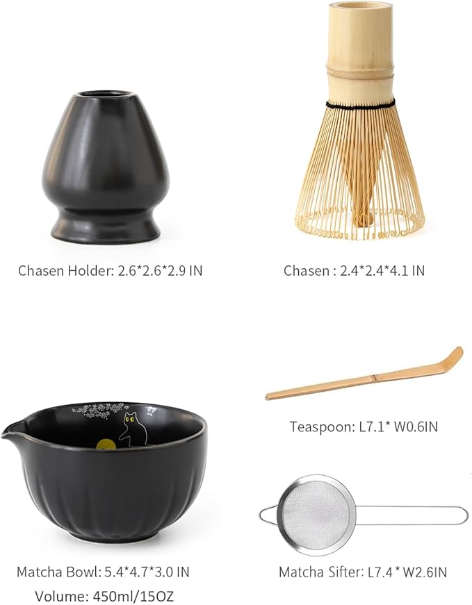 TANG PIN Premium Matcha Set - Japanese Traditional Matcha Making Kit | Matcha Bowl (Chawan), Bamboo Whisk (Chasen) & Holder - Complete Matcha Maker Starter Tools for Matcha Tea & Latt (Cat)