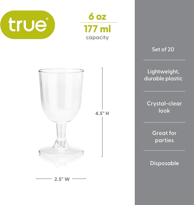 True Set of 20 Disposable Plastic Wine Glasses, Stemmed Clear Plastic Cups for Outdoors, Parties, 6 oz