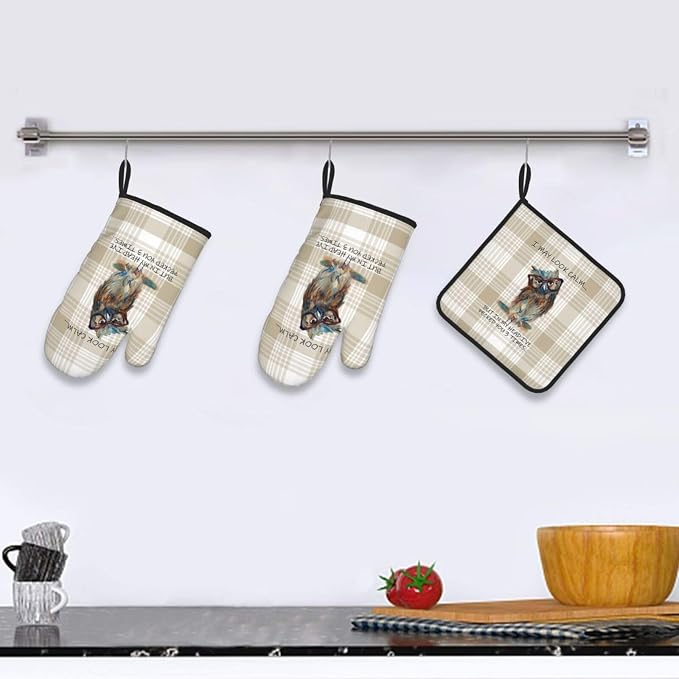 Funny Owl Oven Mitts and Pot Holders Sets of 3 Kitchen Hot Pads | Cute Buffalo Plaid Oven Gloves Heat Resistant Washable for Cooking Grilling Baking Holiday Kitchen Decor