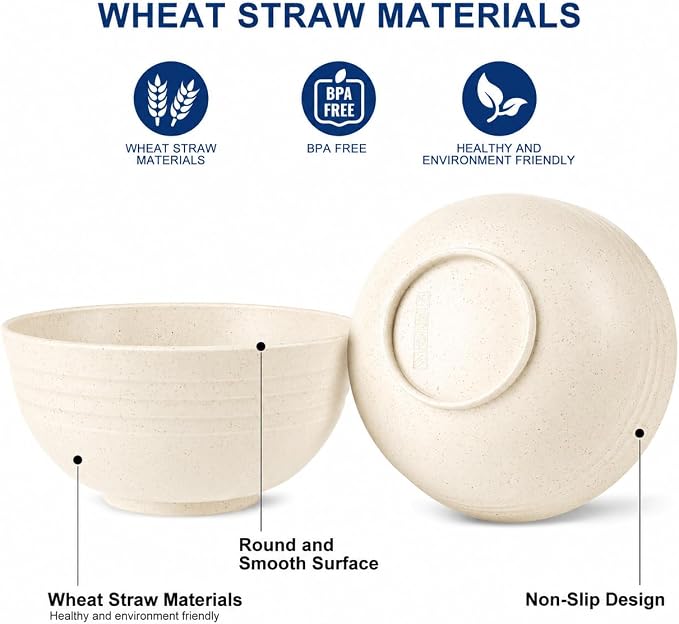 HOTEC Unbreakable Wheat Straw Cereal Bowls - Microwave & Dishwasher Safe Soup and Salad Bowls BPA Free, Set of 8, 26oz, Off-White