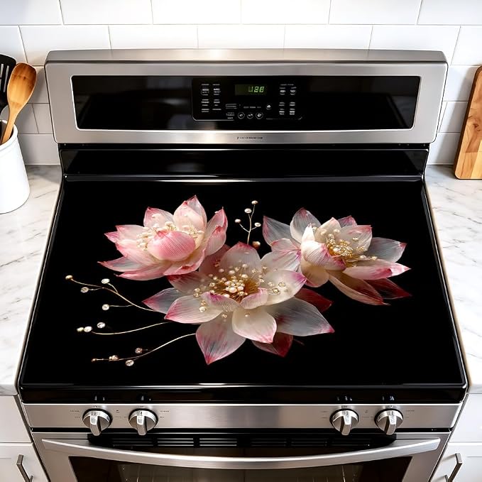 Pink Pearl Lotus Flower Black Stove Top Cover 28.35x20.47in Glam | Pink pearl lotus flower black stove top cover 28.35x20.47 in; modern glam cooktop mat dishwasher safe machine washable