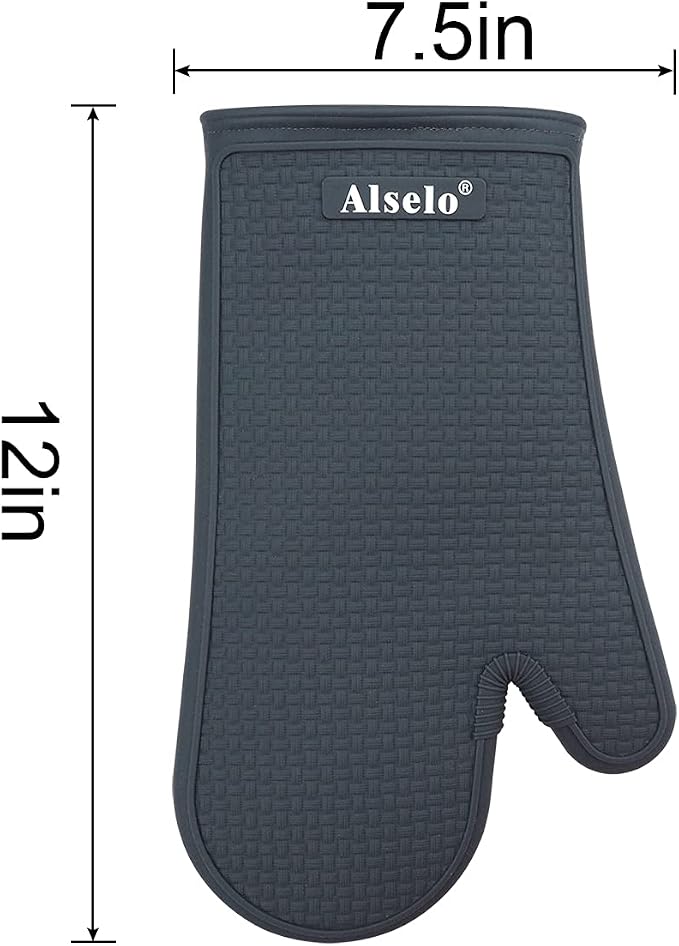 Alselo Silicone Oven Mitts Set, Heat Resistant 550 Degree,7.5"x12" | Kitchen Mittens,Waterproof & Non-Silp Oven gloves for Baking Cooking Barbecue Microwave & Machine Washable(Grey, 2)