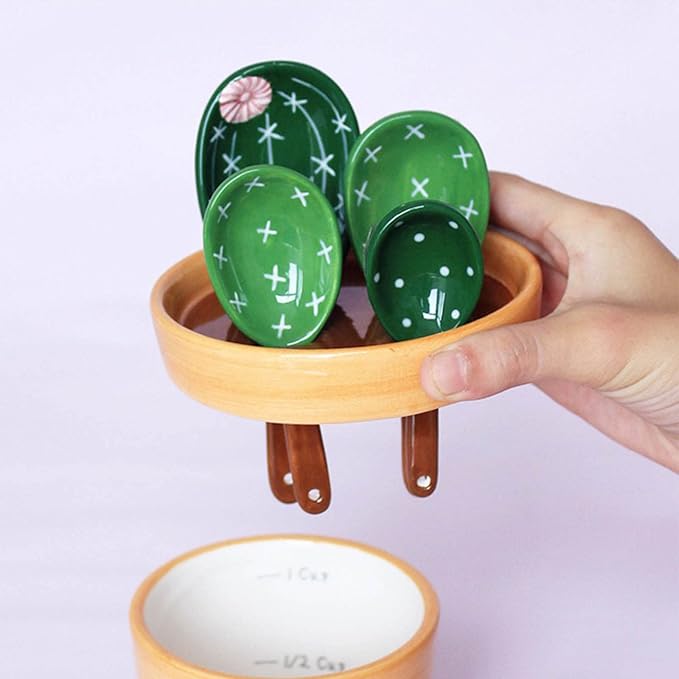 Cactus Measuring Spoons Set in Pot Ceramic House Warming Gifts New Home