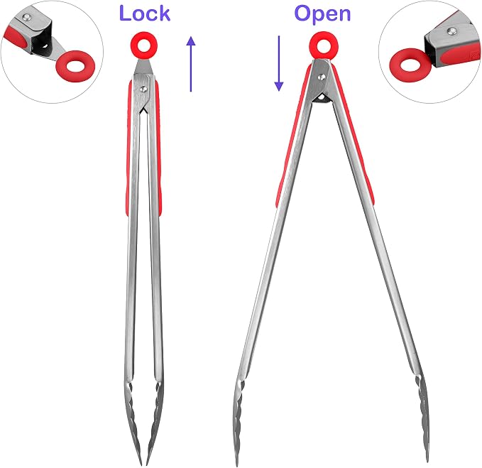 304 Stainless Steel Kitchen Cooking Tongs, 14 & 16 Inch, Set of 2, Red | Locking Food Tongs with Non-slip Grips and Hanging Loops for Cooking, Grilling, BBQ and Serving, Dishwasher Safe