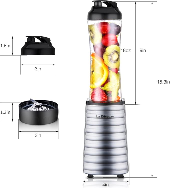 La Reveuse Personal Size Blender for Protein Shakes and Smoothies, Silver | 18oz BPA-free Portable Bottle with Spout Lid, Push to Blend, Suitable for Home, Apartment, Office, Dorm, 300 Watts, LARB1801S