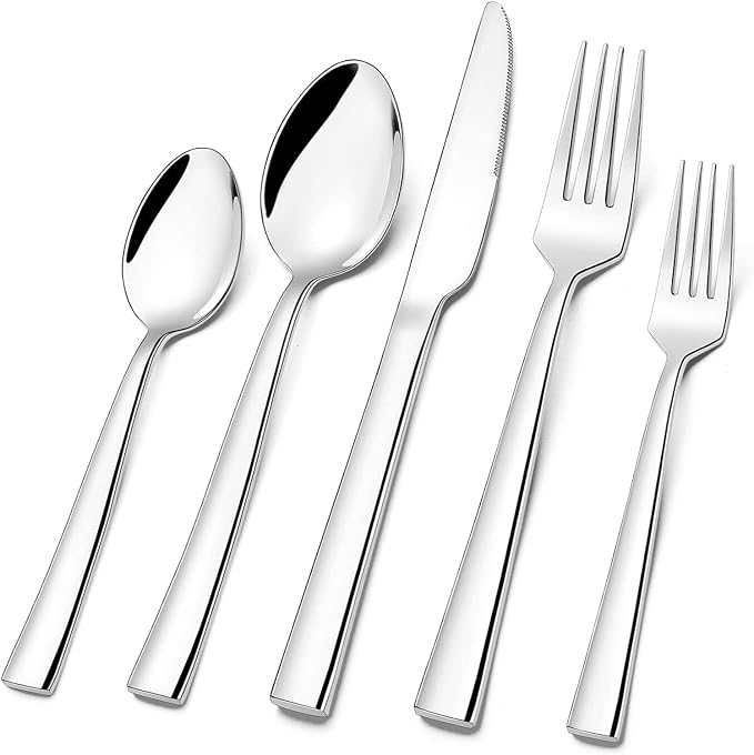 Silverware Set for 8, CXJY 40-Piece Stainless Steel Flatware Cutlery Set, Square Edge Kitchen Utensil Include Knives/Forks/Spoons, Tableware for Home/Hotel, Mirror Polished Dishwasher Safe