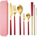 AARainbow 8 Pieces Stainless Steel Flatware Set Portable Reusable Cutlery Set Travel Utensils Set Including Chopsticks Knife Fork Spoon Straws Cleaning Brush Dishwasher Safe (B-Red Golden)