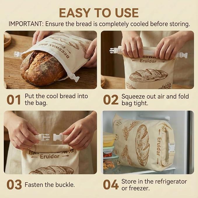 Beeswax Bread Bags for Sourdough & Homemade Bread (2 Pack) | XL 13"x17" Reusable Organic Cotton Bees Wax Bread Bag, Alternative to Bread Box, Natural & Easy to Clean (Rustic Bread Print)