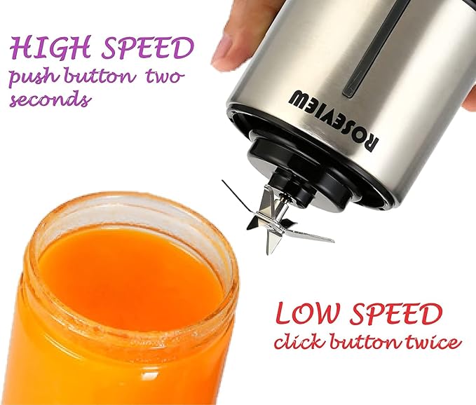 Portable Smoothie Blender ROSEVIEW Glass Cordless Mini Shakes Cup blend for smoothies USB rechargeable juicer 2 battery Handheld Personal travel Jet mixer (Black Steel) (Innox Steel)