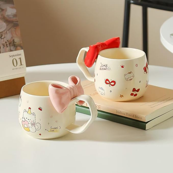 DTIUYIOP-Cute WhiteCat Ceramic Coffee Mug with 3D Bow & Bow Spoon | Kawaii Kitty Animal Tea Cup,13.5oz,Large Curved Handle Milk Cup, Lovely Gift for Girls Women Birthday Christmas