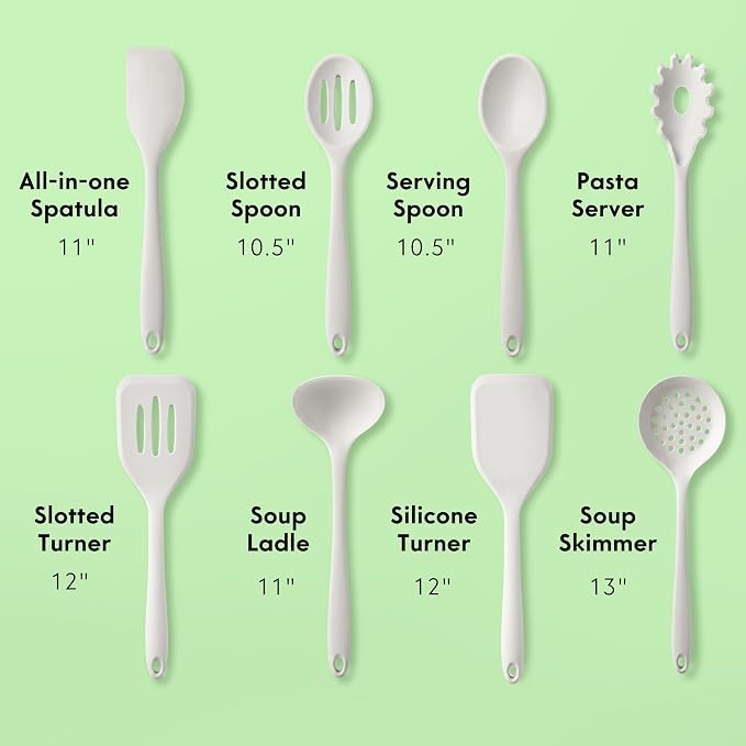 NonToxic Platinum Silicone Utensils, 100% Plastic-Free, 8-Pcs, Gray | LFGB-certified platinum silicone. Solid steel core, no hidden plastics. 500°F heat resistant. Non-scratch. Dishwasher safe