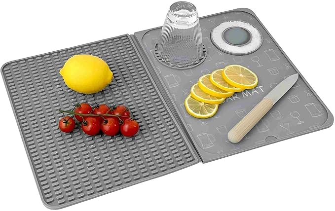 Bar Mat, Bar Accessories, Multifunctional Folding Cocktail Mat with Cutting Board, 18" X 12"(Gray) Drying Mats,Bar Mat for Countertops,Bar Decorations for Home , Outdoor Bar Accessories ,Travel