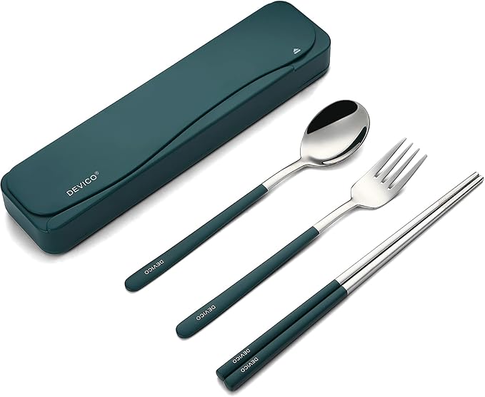 DEVICO Travel Utensils with Case, 4Pcs Portable Silverware Set for Work, 18/8 Stainless Steel Reusable Cutlery, Korean Spoon and Chopsticks Fork for Camping, School, Lunch Box Accessories (Dark Green)