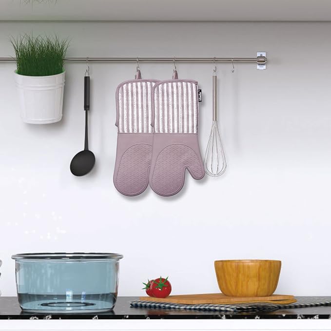 Alselo Silicone Oven Mitts Heat Resistant 932℉ with Waterproof & Non-Slip | Kitchen Mittens Set of 2,Extra Long 7.5"x15" Gloves with Soft Cotton Terry Lining for Baking Cooking BBQ(Purple,2)