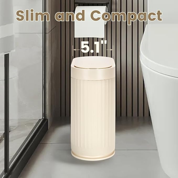 ELPHECO Bathroom Trash Can with Lid,Slim Smart Garbage Can 2 Gallon Beige | Plastic Wastebasket, Narrow Garbage Bin, Waterproof Bathroom Decor for Bedroom