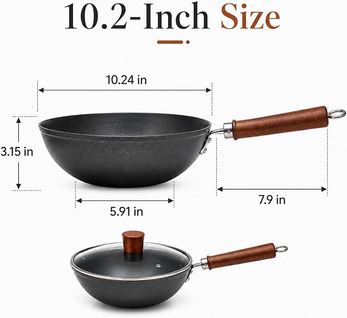 Carbon Steel Wok Pan, Flat Bottom Stir Fry Wok (10.20 inch)