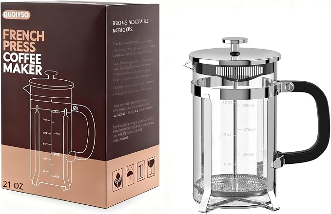 QUQIYSO French Press Coffee Maker 21oz,Borosilicate Glass Coffee Press | Thickened Glass Stainless Steel Coffee French Press,Easy to Clean,4 Filter Suitable for Kitchen Party Camping Gifts(Silver)