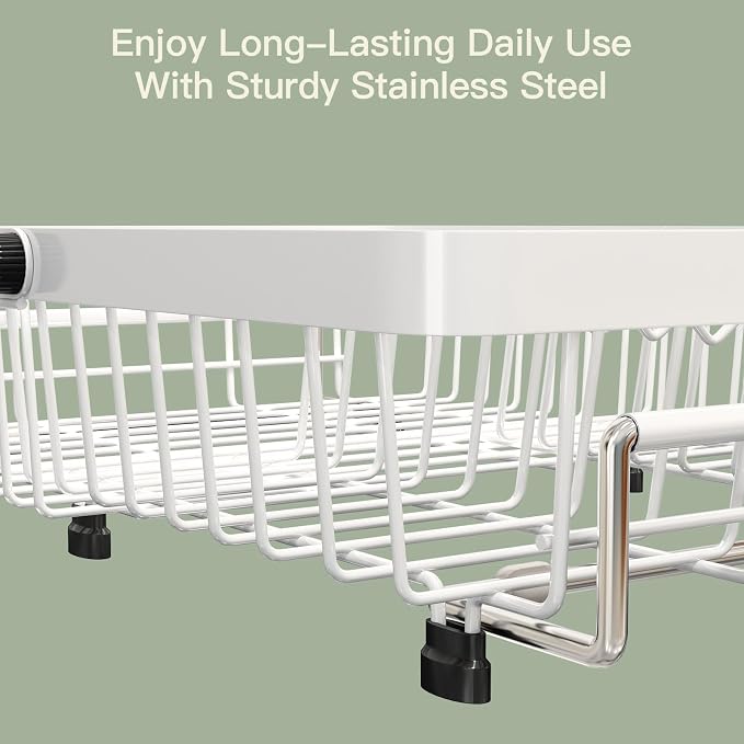 White Dish Drying Rack Over The Sink with Utensil Holder, Mat | Expandable Stainless Steel Dish Drainer for Small Kitchen, Apartment, RV, Counter Space Saving, Perfect Fit, Rustproof