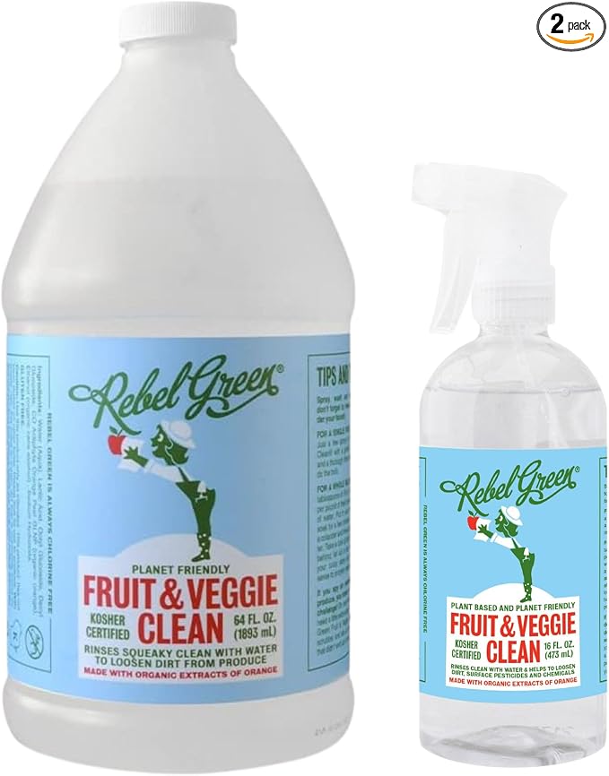 Rebel Green Fruit & Veggie Clean, Plant-Derived Produce Cleaner | Natural Fruit and Vegetable Wash with No Aftertaste, Dirt & Wax Removal, 16 fl oz Bottle and 64 fl oz Refill Bottle