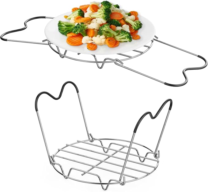 Steamer Rack Trivet for Instant Pot 6 Qt & 8 Qt with Silicone Handle | 7.7-inch 304 Stainless Steel Steam Rack with Foldable Heat Resistant Handles for Pressure Cooker, Steaming, Cooking, 2 Pack