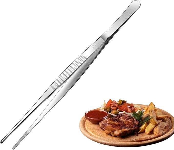 Aniso Long Tweezers, Stainless Steel, 8 inches | Precision Serrated Tip, Cooking Tweezers Tongs， For Barbecue, Hand-Made，Steaks, Bread, Pizza, Salads