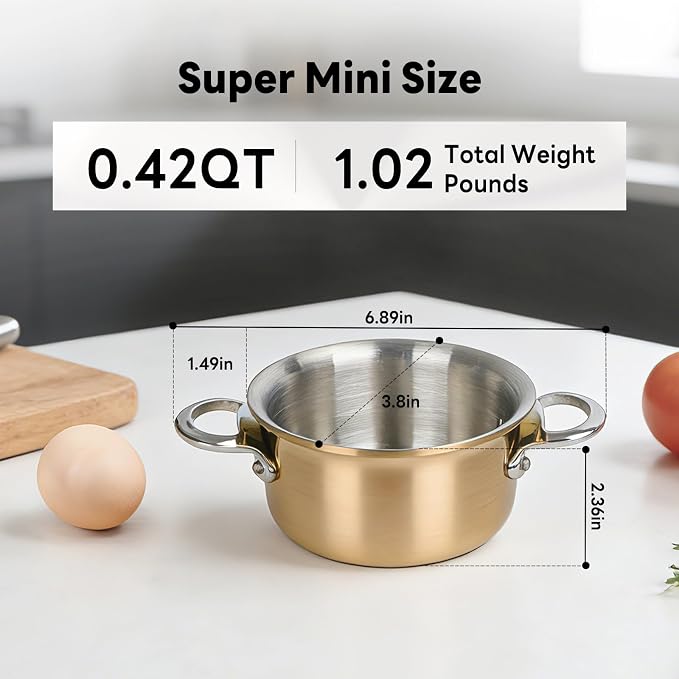 Macevia Mini Sauce Pan with Lid, Stainless Steel Butter Warmer Small Pot, For All Stoves Multipurpose Use for Home Kitchen or Restaurant (13.5oz/400ml) - Rose Gold