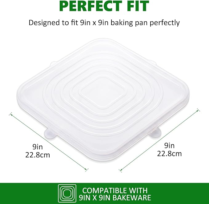 2 Pcs 9x9 Inch Silicone Bakeware Lids, Reusable Safe Storage Lids Square Replacement Cover Stretchable for Baking Dishes, Casserole Dishes, Cake Pan, Freezer, Microwave Safe Food Cover