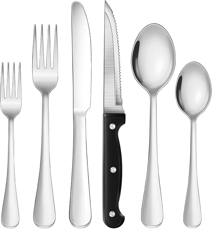 24-Piece Silver Silverware Set with Steak Knives Black Stainless Steel Flatware Set for 4 Food Grade Tableware Cutlery Set Rust-proof, Mirror Polished, Dishwasher Safe