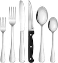 24-Piece Silver Silverware Set with Steak Knives Black Stainless Steel Flatware Set for 4 Food Grade Tableware Cutlery Set Rust-proof, Mirror Polished, Dishwasher Safe