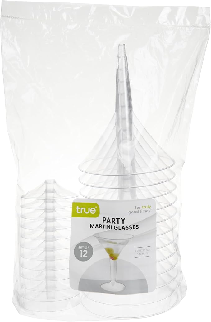 True Party Disposable Plastic Martini Glasses - Stemmed Clear Cocktail Cups for Outdoors, Parties - 8oz Set of 12