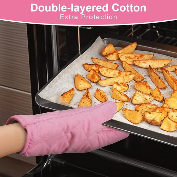 AUAUY Pink Oven Mitts, 1 Pair Kitchen Mittens, 392°F Heat Resistant | Oven Gloves Non-Slip Kitchen Gloves for Oven, BBQ Gloves-Oven Mitts Infill Cotton Cooking Gloves for Oven Grilling Baking