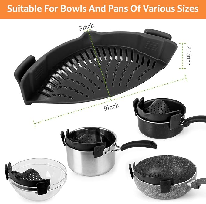 YEVIOR Clip on Strainer for Pots Pan Pasta,Silicone Food Pan Strainer | Food-grade BPA-free,Kitchen Food Strainer for Spaghetti, Pasta,Vegetable Fruits Fits All Bowls and Pots (Black)
