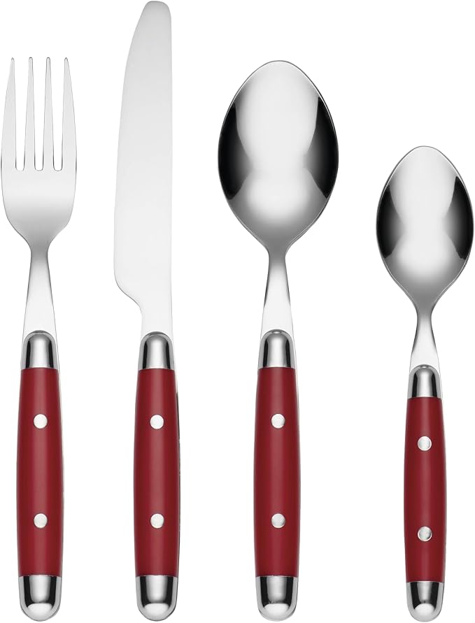 Cambridge Jubilee Red 16-Piece 18/0 Silverware Set for 4, Flatware | red, dishwasher safe | includes knives, forks, and spoons | heavy duty, cutlery set for kitchen and dining, utensil set