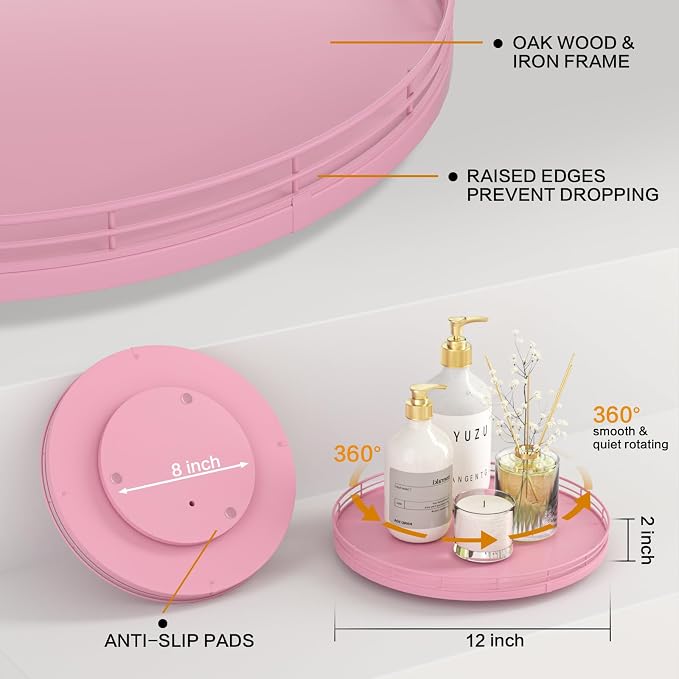Oroyutor 12-Inch Oak Lazy Susan Vanity Tray, Pink Finish | Rotating oak tray organizes spices, toiletries and decor on kitchen counters, bathroom vanities, dining and coffee tables.