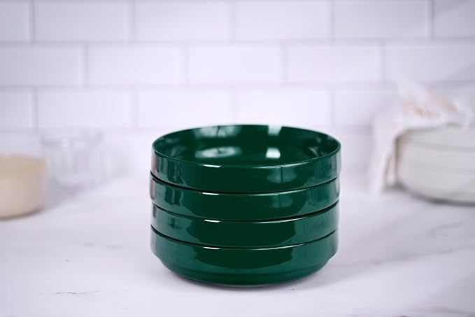 KooK Ceramic Large Pasta Bowls, Microwave and Dishwasher Safe, Great for Soups and Salads, Shallow Serving Bowls, Glossy Porcelain, 47 oz, Set of 4, Hunter Green