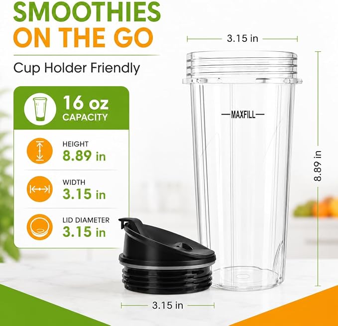 16 oz Ninja Blender Cups Replacement, 3 Pack Cups with Lids, Compatible with QB3001SS, BL660, BL770, BL780, BL740, BL810, 4-Tab Nutri Ninja Blender Cups