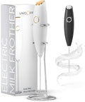 Milk Frother White - Coffee Frother Handheld with Electric Whisk - 19000 rpm - Book Recipes and Stainless Steel Stand Included - Hand Mixer Electric (White and Gold) | Battery 19000 RPM whisk, stainless steel stand & recipe book, lattes, cappuccino, ma...